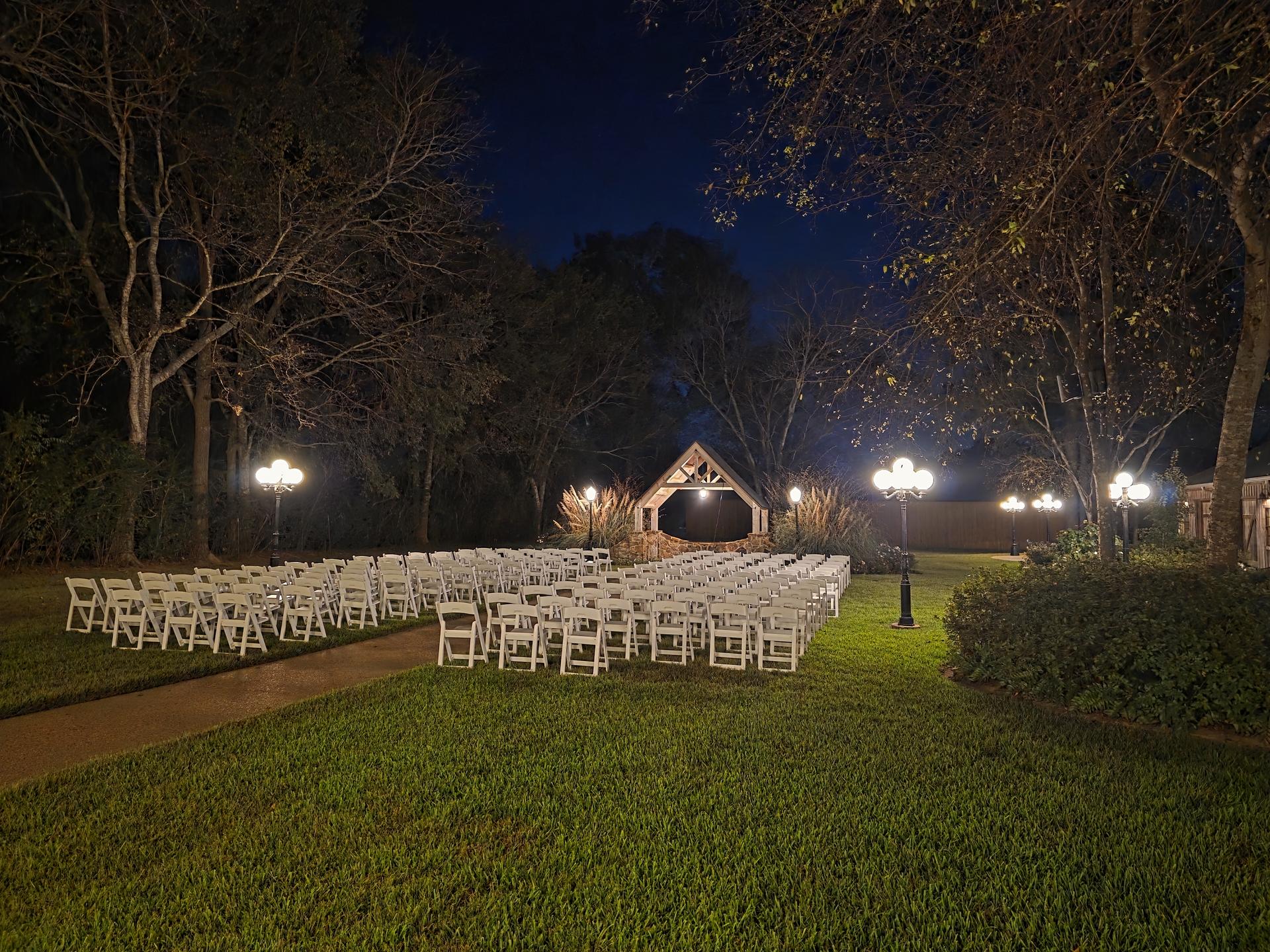 Ceremony pavilion set up at night